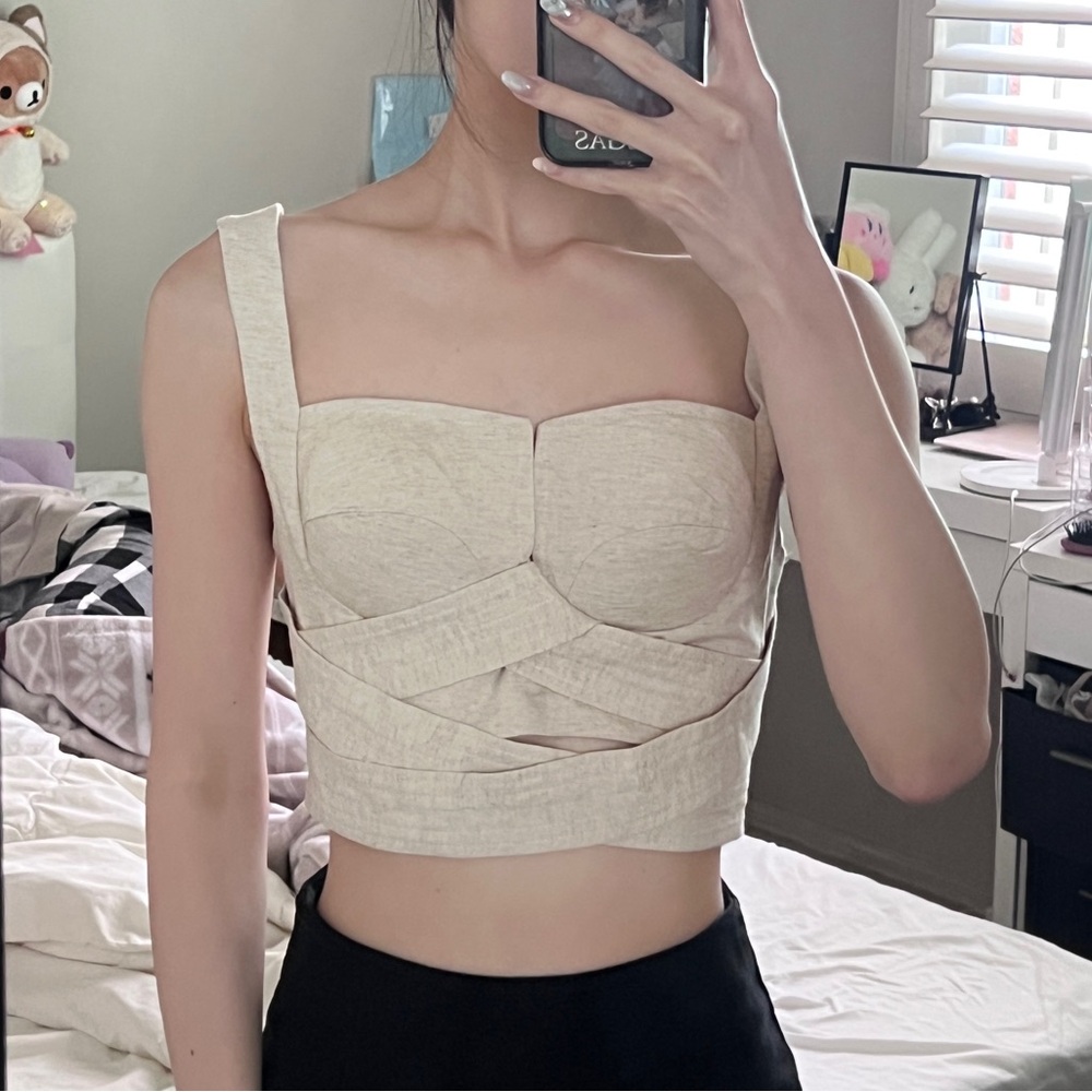 Beige Linen-like strappy crop top
